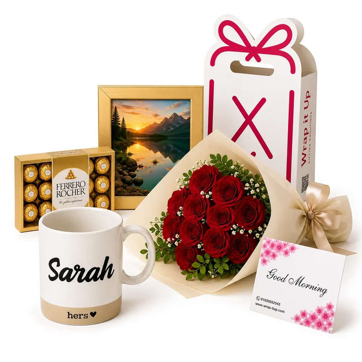 Flower Bouquet + Chocolate + Gift Bag + Greeting Card + Photo Frame