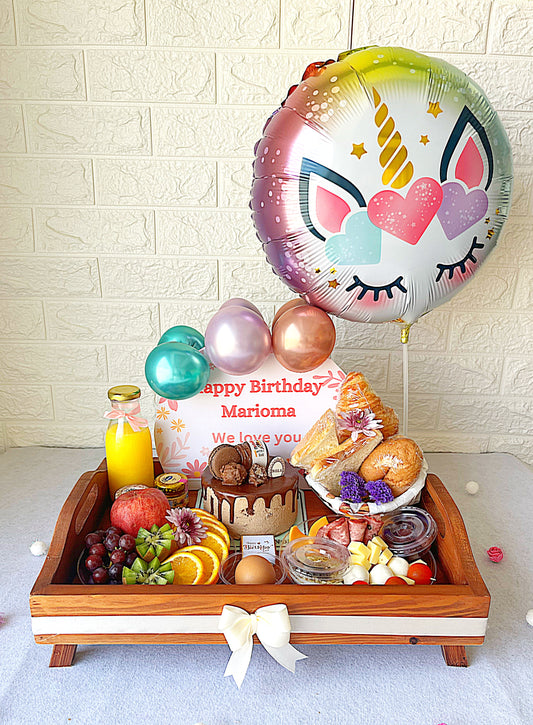 Wooden Breakfast Tray with a Cake